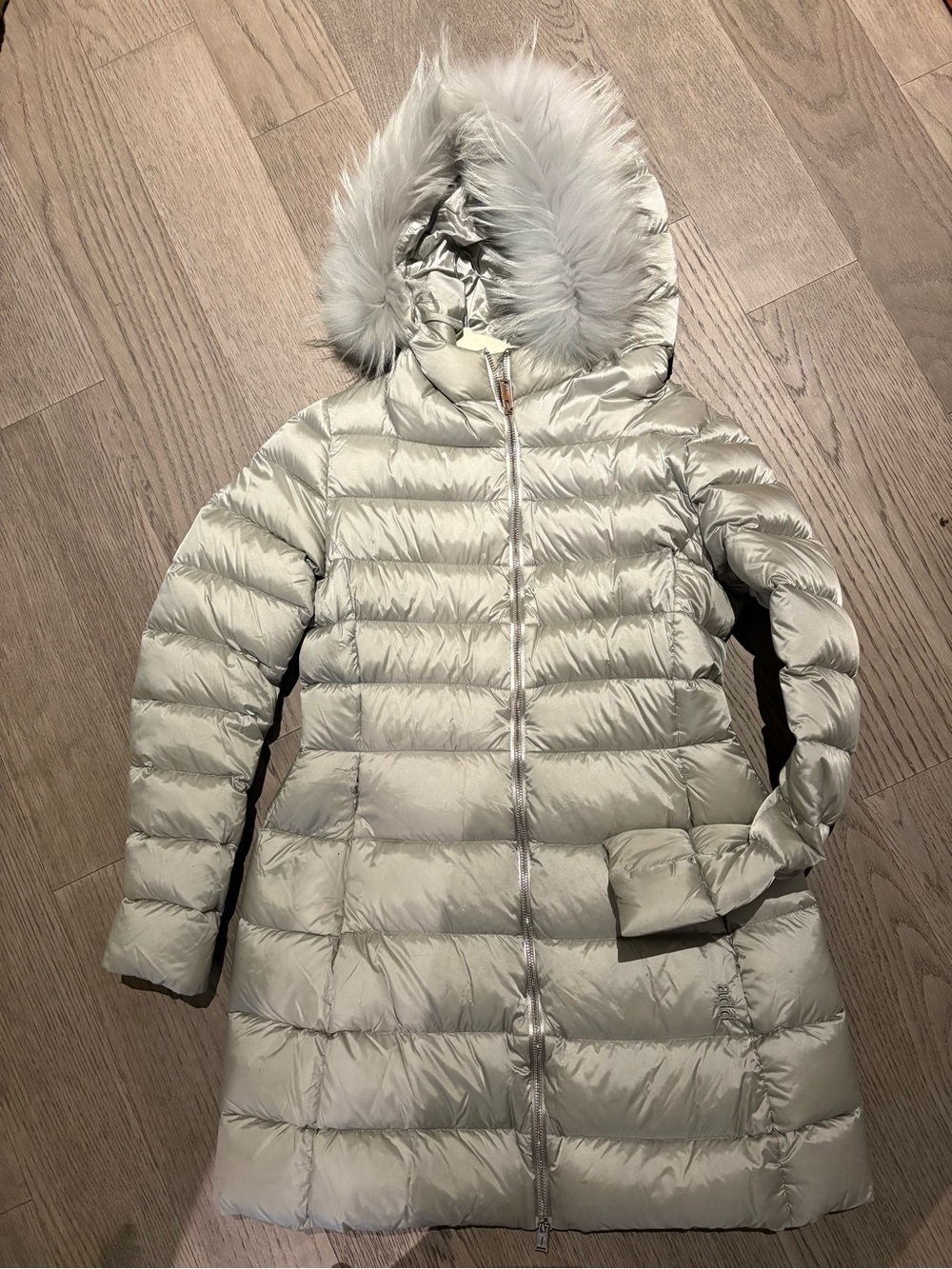 Add Down Light Gray Quilted Down Coat with Faux Fur Hood